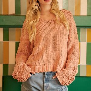 BiBi Chunky Knit Sweater | Cozy Polyester Knit Top 3D Floral Sleeve Details sz S